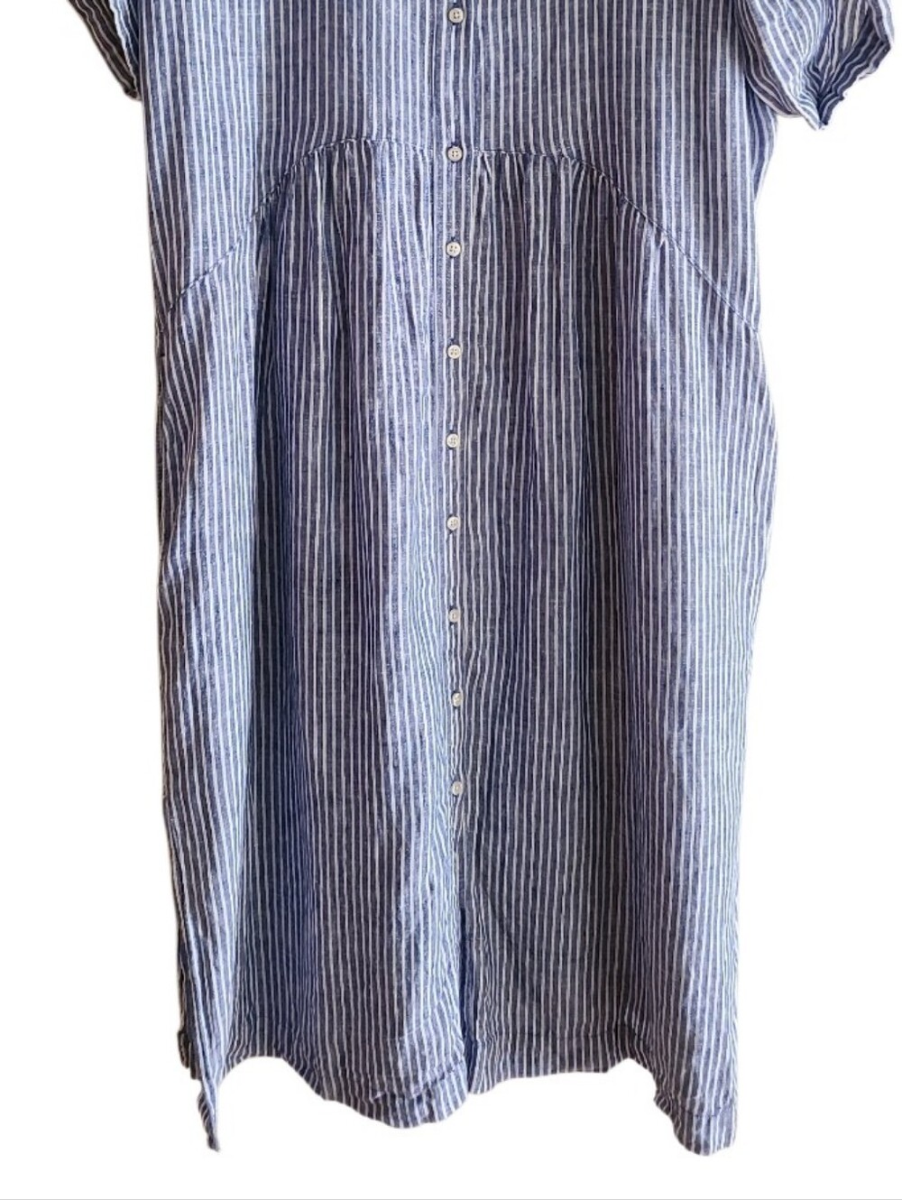 Talbots Petite Drop Waist 100% Linen Stripe Shirt Dress Blue White - Picture 8 of 17